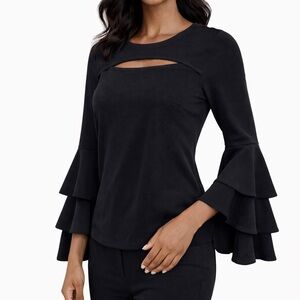 SHEIN Black Flare Sleeve Cutout Top – Size Large | Trendy Statement Blouse